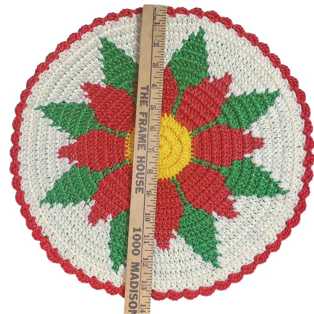 Set of 4 Handmade Crochet Floral Placemats Round Red Cream Green 13